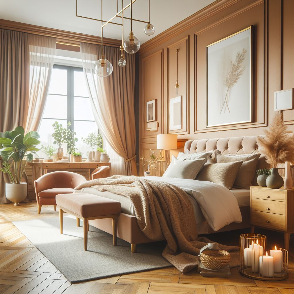 A cozy and well-lit bedroom with modern furniture and a comfortable bed.